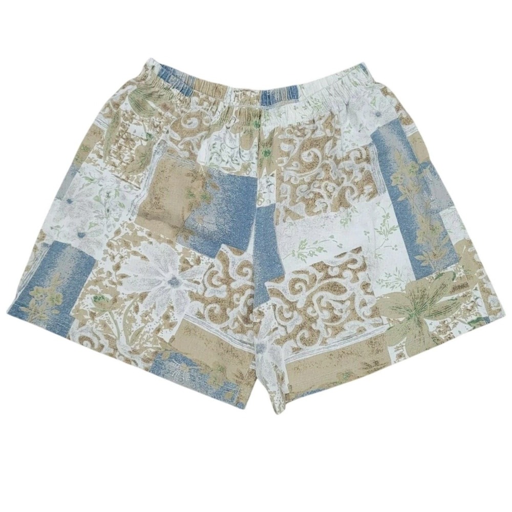 Blair Womens XL Floral Patchwork Elastic Waist Shorts Blue Tan Casual JSS93